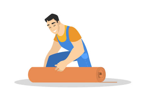 Man in the uniform laying carpet on the floor. Professional worker making house renovation. Putting linoleum on the floor. Isolated vector illustration in cartoon styleのイラスト素材