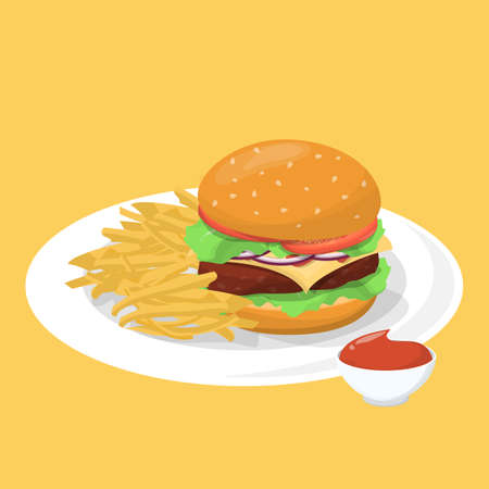 Burger, french fries and ketchup on the plate. Tasty junk food. Unhealthy snack, fast food. Vector illustration in cartoon styleのイラスト素材