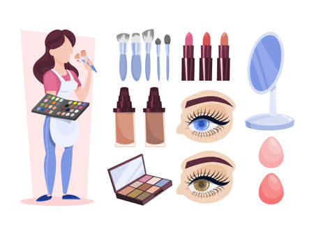 Make up artist standing and holding palette and cosmetic brush. Idea of beauty and fashion. Collection of facial cosmetics. Isolated vector illustration in cartoon styleのイラスト素材