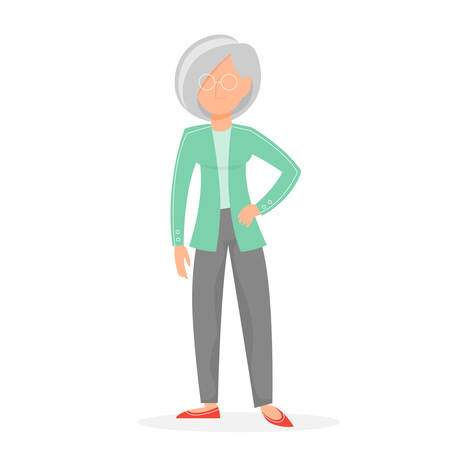 Old woman standing. Senior person with eyeglasses. Aged female character with grey hair. Isolated vector illustration in cartoon styleのイラスト素材