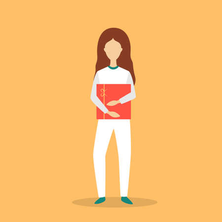 Woman carrying big gift box. Person holding present with a bow. Big surprise. Isolated flat vector illustrationのイラスト素材