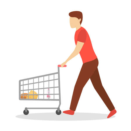 Man shopping. Grocery or fashion store. Customer with shopping cart. Guy on the big sale. Isolated flat vector illustrationのイラスト素材