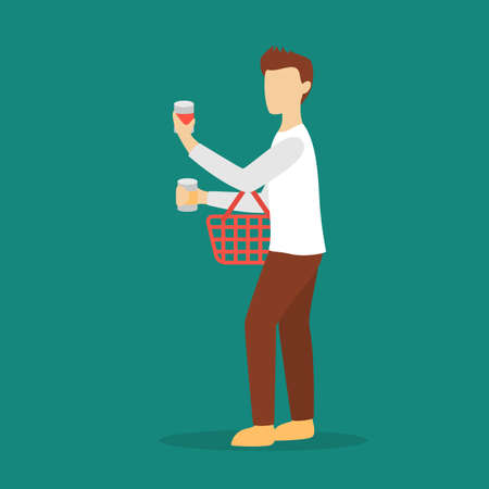Man shopping. Grocery or fashion store. Customer with shopping basket. Guy on the big sale. Isolated flat vector illustrationのイラスト素材