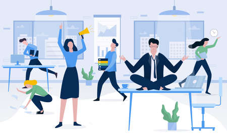 Businessman sitting on the table in lotus pose during deadline. Employee in panic. Man make meditation against stress. Flat vector illustrationのイラスト素材