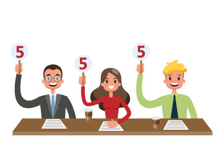 Jury sitting at the desk and showing scorecardsのイラスト素材