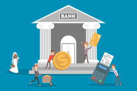 Bank concept. Idea of finance, money investment. Building with column. People carrying currency. Flat vector illustrationのイラスト素材