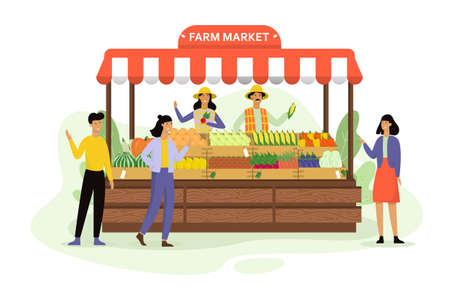 Happy farmer sell fresh organic harvest from farm. Vegetable market concept. Grocery store. Man and woman stand on the street at the tent with vegetables. Isolated vector cartoon illustrationのイラスト素材