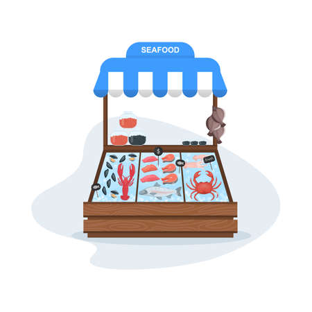 Fish market concept. Seafood in ice. Salmon and tuna, showcase full of fish. Street counter. Isolated vector cartoon illustrationのイラスト素材