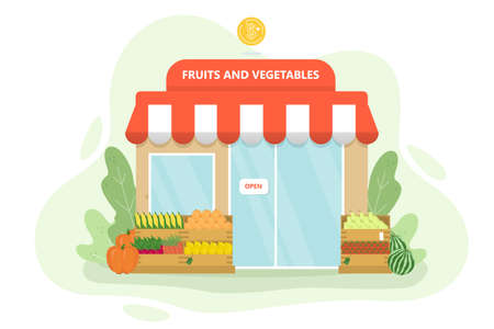 Fruit and vegetable shop. Green market with showcaseのイラスト素材