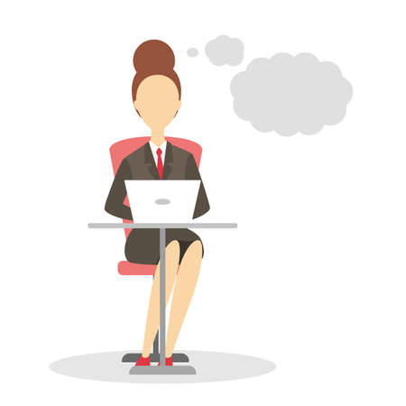Woman sitting at the desk and working on the laptop computer. Worker talking using speech bubble. Empty space for message. Isolated flat vector illustrationのイラスト素材