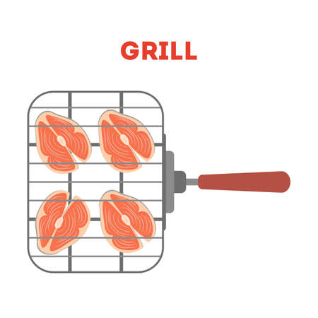 Salmon steak on the grill lattice. Fresh tasty fish barbecue. Raw red fillet for BBQ. Isolated flat vector illustrationのイラスト素材
