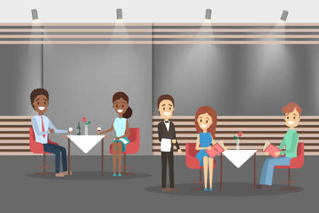Cafe inteior. People sitting at the table, waiter standing in uniform. Restaurant indoors. Modern furniture. Flat vector illustrationのイラスト素材