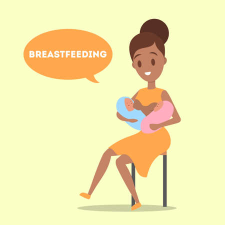 Mother sitting and breastfeeding her newborn baby. Idea of child care and motherhood. Feed child with breast. Isolated flat vector illustrationのイラスト素材