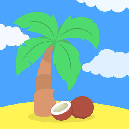 Palm tree with coconut. Summer landscape. Blue sky and yellow sand. Idea of vacation on the beach. Flat vector illustrationのイラスト素材