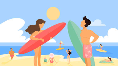 Young surfer couple standing with board on the summer beach. Vacation on the ocean. Man and woman have fun. Vector illustration in cartoon styleのイラスト素材