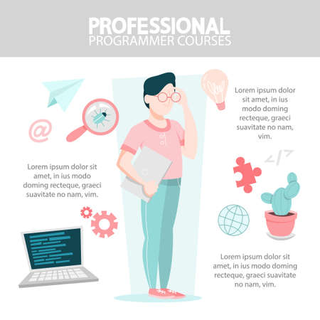 Programming courses banner concept. Idea of working on the computer, coding, testing and writing program, using internet and different software. Website development . Abstract flat illustrationのイラスト素材