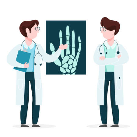 Doctor looking at x-ray. Medicine worker make examination. Discussion between two people. Isolated vector illustration in cartoon styleのイラスト素材