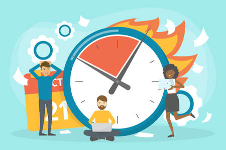 Deadline concept set. Idea of many work and few time. Employee in a hurry. Panic and stress in office. Business problems. Vector illustration in cartoon styleのイラスト素材