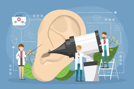 Doctore make ear examination concept. Idea of medical treatment and health care. Otolaryngology tool. Vector illustration in cartoon styleのイラスト素材