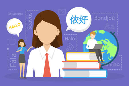 Online translator in mobile phone or another device. Translate foreign language fast and easy. Global wireless technology. Vector illustration in cartoon styleのイラスト素材