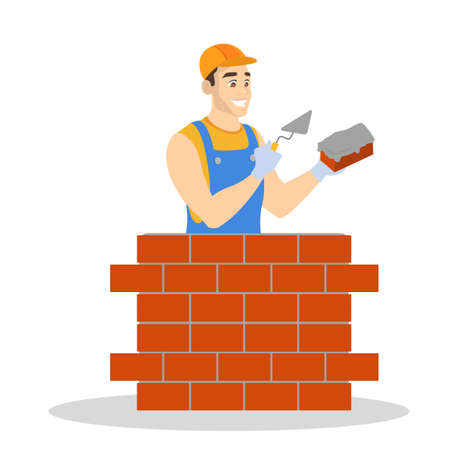 Man building brick wall. Construction worker in a uniform and helmet doing work. Builder concept. Isolated vector illustration in cartoon styleのイラスト素材