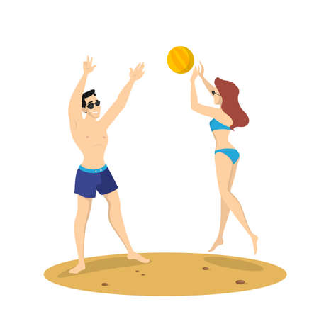 Couple playing beach volleyball. Summer activity at the sea or ocean. Healthy active lifestyle. Woman jump and throw ball. Isolated vector illustration in cartoon styleのイラスト素材