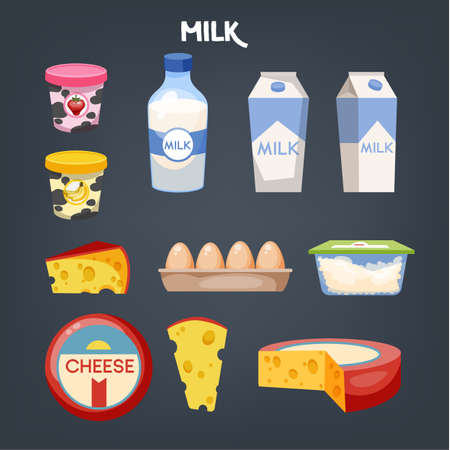 Dairy food set. Collection of product made of milk. Yoghurt and butter. Healthy meal. Vector illustration in cartoon styleのイラスト素材
