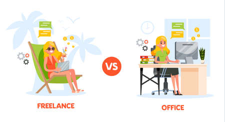 Freelance vs. office work concept. Woman sittingのイラスト素材