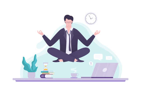 Office worker in yoga pose. Meditation on the work. Calm and relaxation, stress reduce. Isolated vector illustration in cartoon styleのイラスト素材