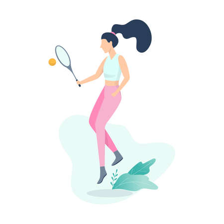 Happy woman play badminton. Girl holding racketのイラスト素材