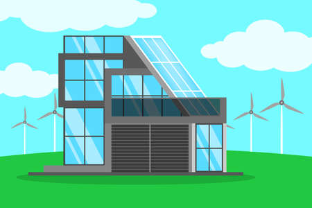 Solar panel alternative energy concept. Electricity power from the sun on the house. Environment and ecology friendly. Flat vector illustrationのイラスト素材