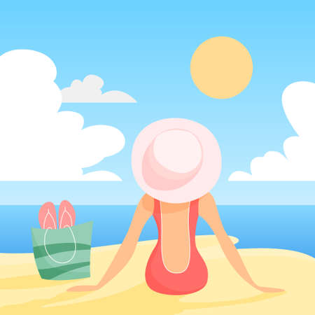 Woman in swimmng suit and hat sitting on the summer beachのイラスト素材