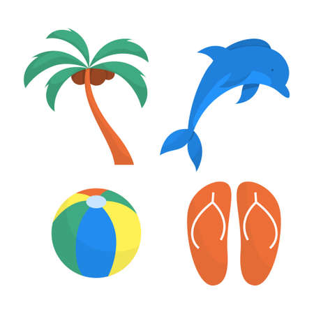 Beach set. Collection of summer vacation stuff. Palm, ball and dolphin. Relaxation on the sea concept. Vector illustration in cartoon styleのイラスト素材