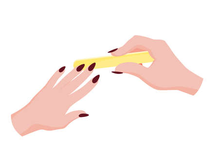 Hand doing nail polish. Making manicure. Female palms. Glamour and elegance. Isolated vector illustration in cartoon styleのイラスト素材