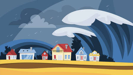 Tsunami disaster. Big wave cover the villageのイラスト素材