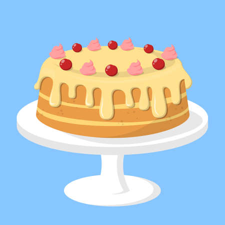 Tasty cake on the plate. Sweet delicious cream and berries. Dessert for birthday celebration....