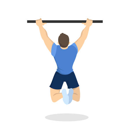 Man doing pull-ups workout. Fitness and bodybuilding exercise in the gym. Healthy and active lifestyle. Isolated vector illustration in cartoon styleのイラスト素材