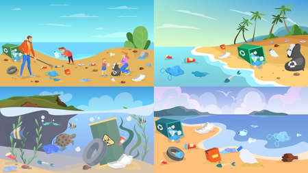 Nature pollution set. Garbage and trash, danger for ecology. Turtle swimming in the sea between waste. Bags and bottles, plastic rubbish. Vector illustration in cartoon styleのイラスト素材