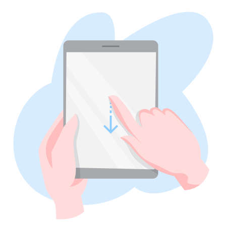 Hand gesture for mobile phone or digital tablet. Finger movement down for using electronic device. Isolated vector illustration in cartoon styleのイラスト素材
