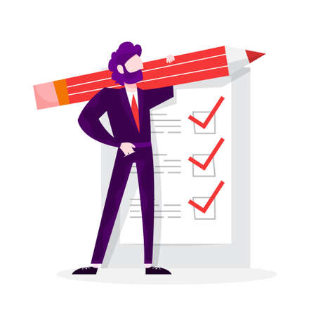 Businessman standing at long check list. Big task document. Man put marks on the paper sheet. Isolated vector illustration in cartoon styleのイラスト素材