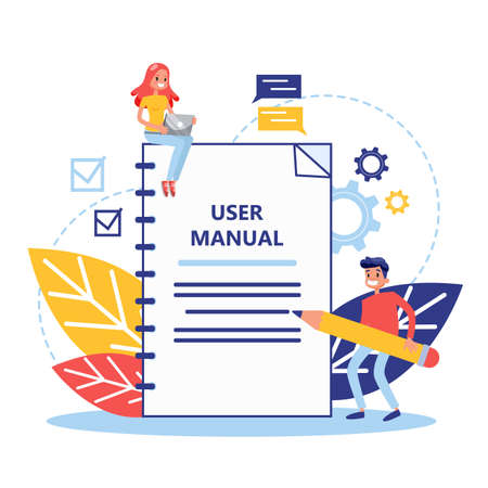 User manual concept. Guide book or instruction. Guidance and tutorial for for users. Handbook and people around. Vector illustration in cartoon styleのイラスト素材