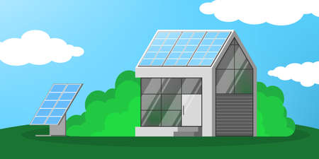 Solar panel alternative energy concept. Electricity power from the sun on the house. Environment and ecology friendly. Flat vector illustration
