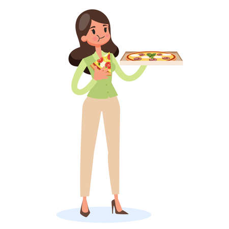 Woman holding box and eating slice of pizza.のイラスト素材