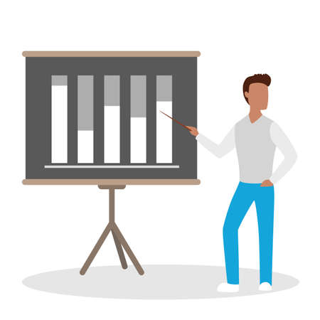 Man making business presentation and pointing at the graph. Presenting business plan on seminar. Flat vector illustrationのイラスト素材