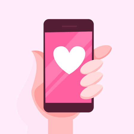 Hand holding mobile phone with a heart sign on the screen. Like symbol on smartphone. Isolated vector illustration in cartoon styleのイラスト素材