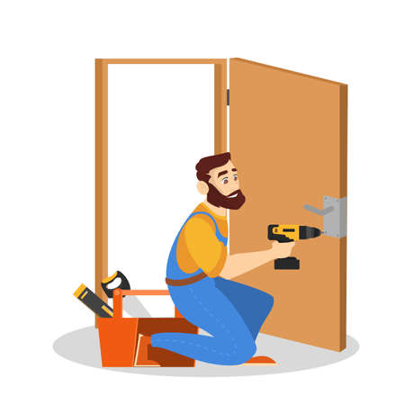 Door service. Repairman in the uniform with special equipment repair door element. Locksmith fix lock. Isolated vector illustration in cartoon styleのイラスト素材