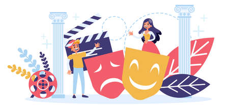 Actor of theatre and cinema profession concept. Perfomance on the stage. Actress in costume play role. Vector illustration in cartoon styleのイラスト素材