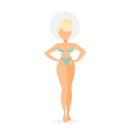 Beautiful woman standing in the green bikini. Sexy female character in swimming suit and hat. Young attractive model.のイラスト素材