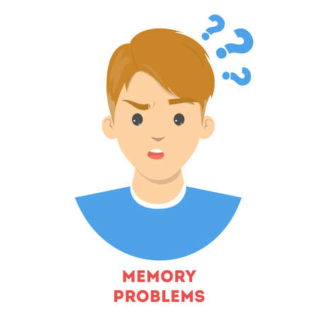 Man suffering from the memory problems. Confused person with question mark above. Brain disease symptom. Isolated vector illustration in cartoon styleのイラスト素材