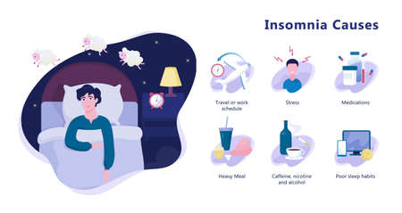 Causes of insomnia infographic. Stress and health problemのイラスト素材